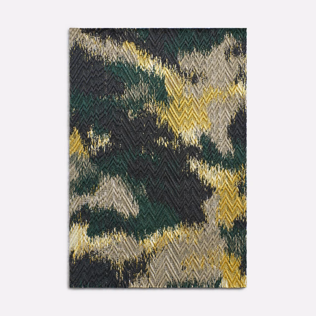 Forest green and ochre Erbaluce jacquard with charcoal chevrons and chalky abstract patches