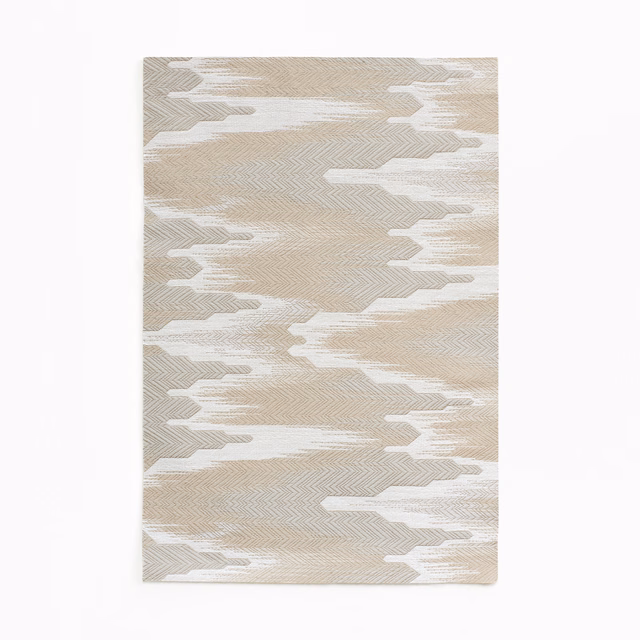 Pearl beige jacquard with pale taupe chevron bands and irregular horizontal edges