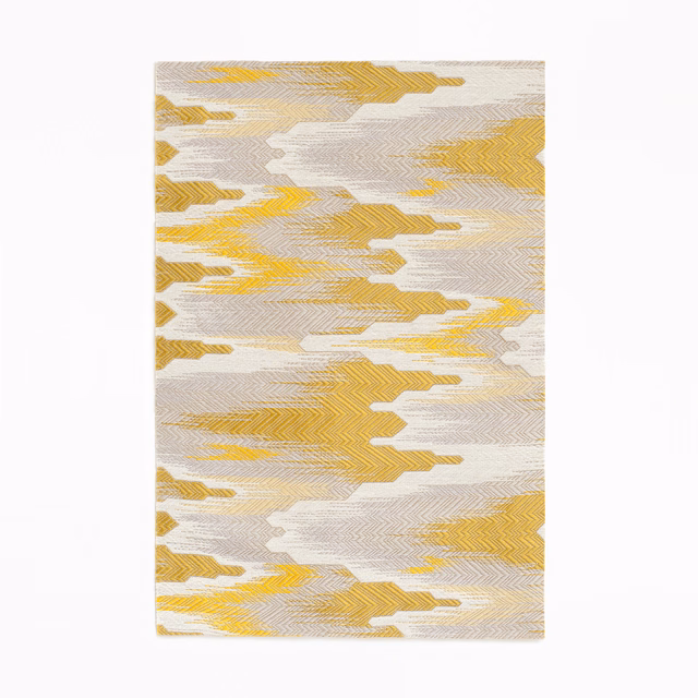 Warm golden chevron bands and ivory-grey woven zigzags in a rectangular swatch