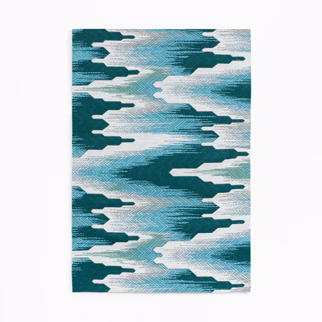 Teal and ivory geometric Navajo-style jacquard weave with layered horizontal bands