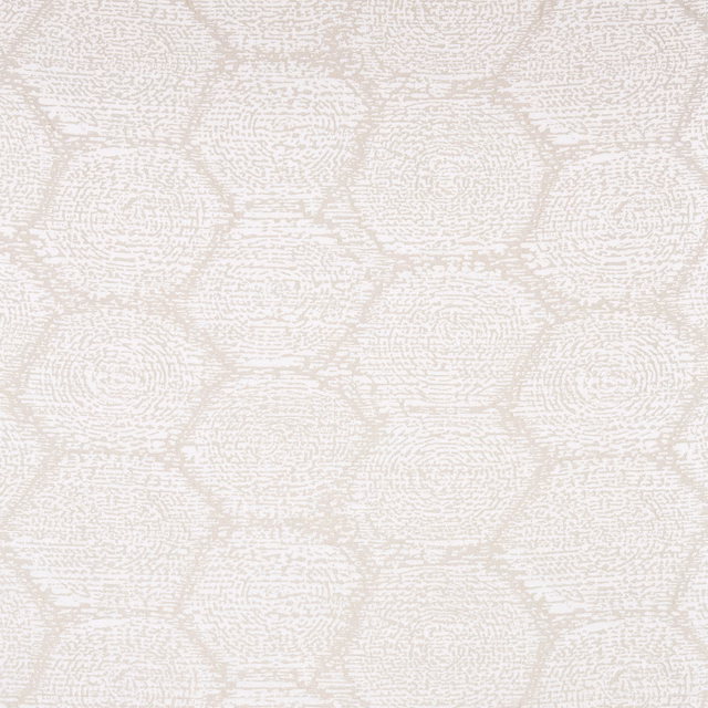 Pale ivory jacquard with broken taupe rings and softly textured woven surface