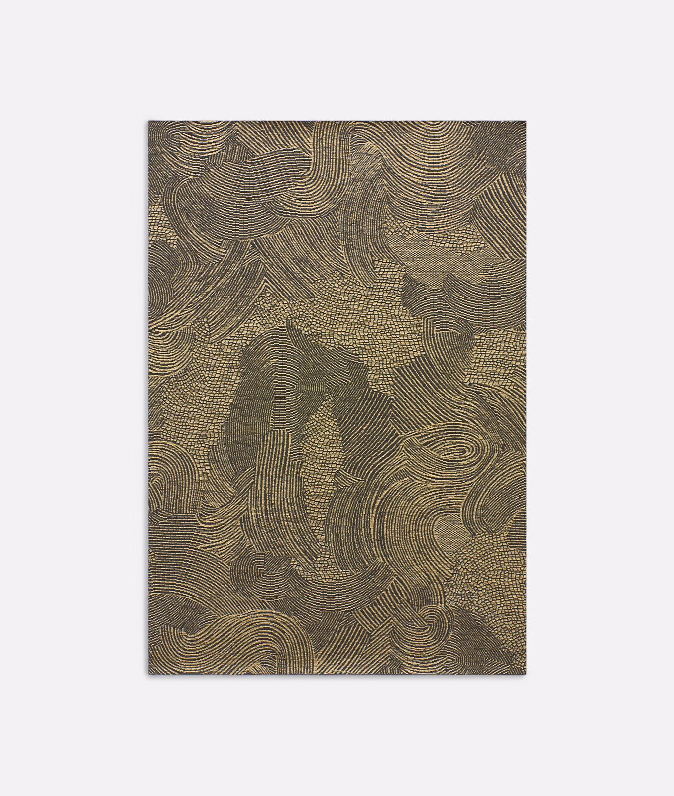 Muted olive-gold jacquard with charcoal contour lines and tactile abstract patches
