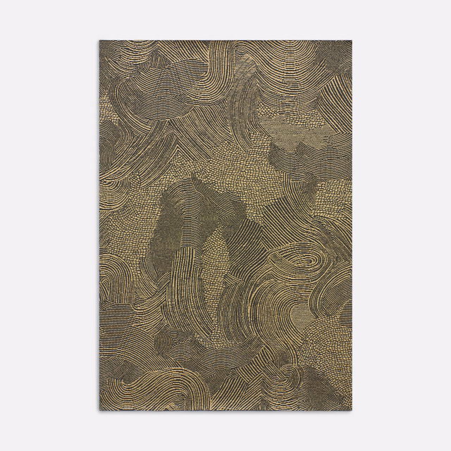 Muted olive-gold jacquard with charcoal contour lines and tactile abstract patches