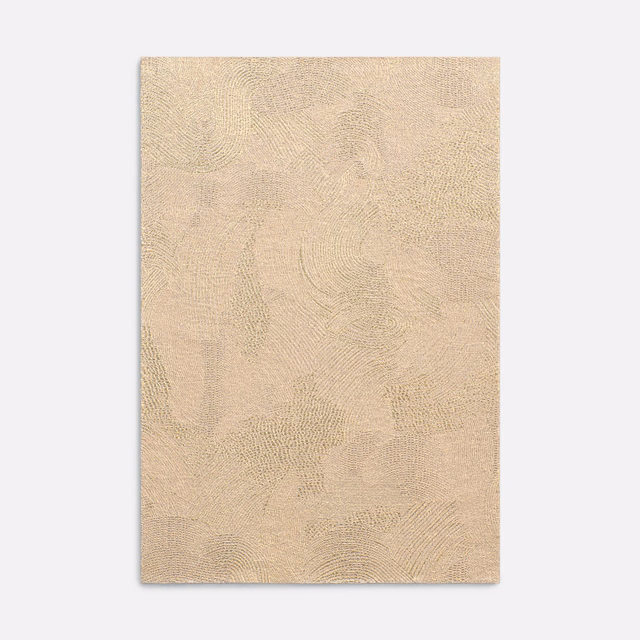 Warm oat-beige jacquard swatch with subtle rippling woven motifs and tactile texture
