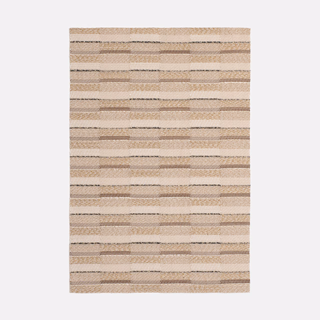 Warm beige jacquard swatch with broken amber and taupe horizontal stripes