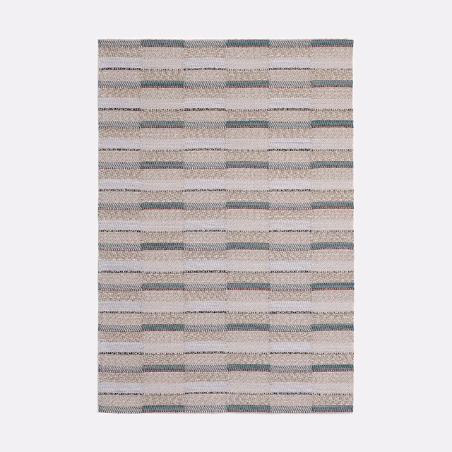 Oat beige jacquard with irregular sage-green horizontal bands and fine woven texture