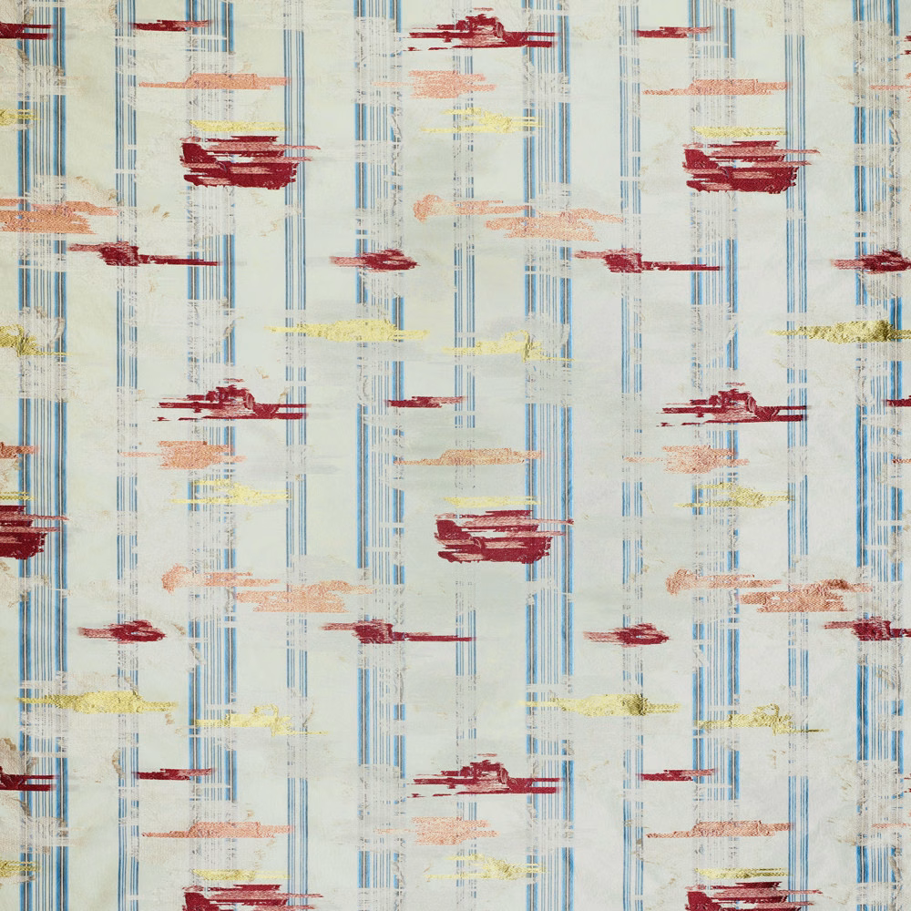 Pale cream jacquard with blue vertical lines and burgundy, coral, yellow brushstrokes