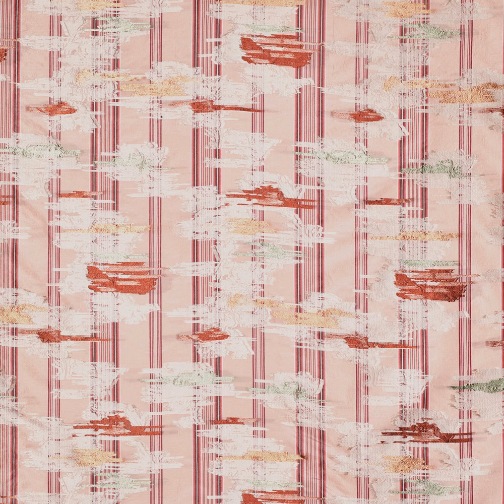 Rose-pink jacquard with burgundy vertical lines and painterly cream, sage and red marks.