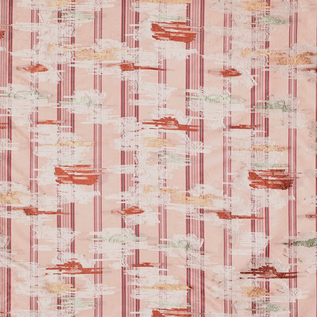 Rose-pink jacquard with burgundy vertical lines and painterly cream, sage and red marks.