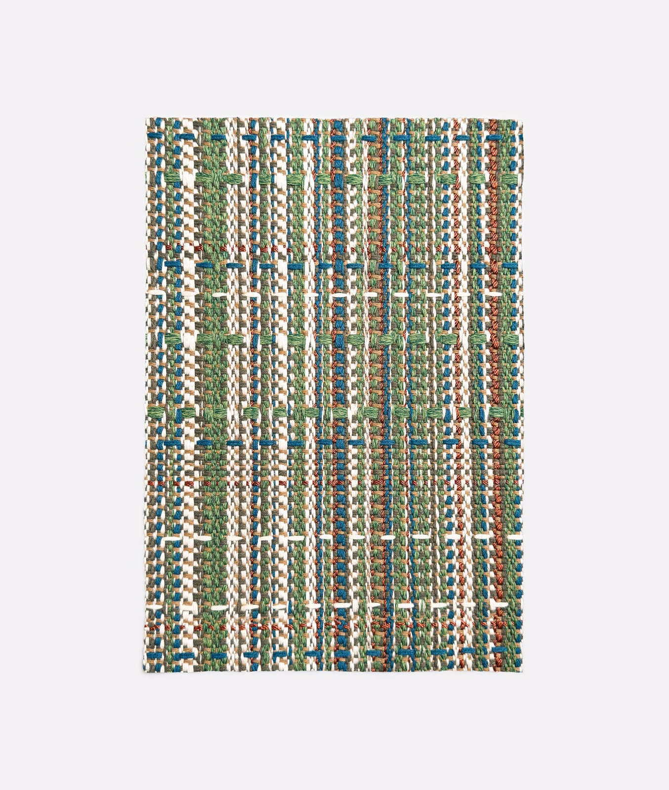 Moss green jacquard swatch with teal, cream and rust vertical woven texture