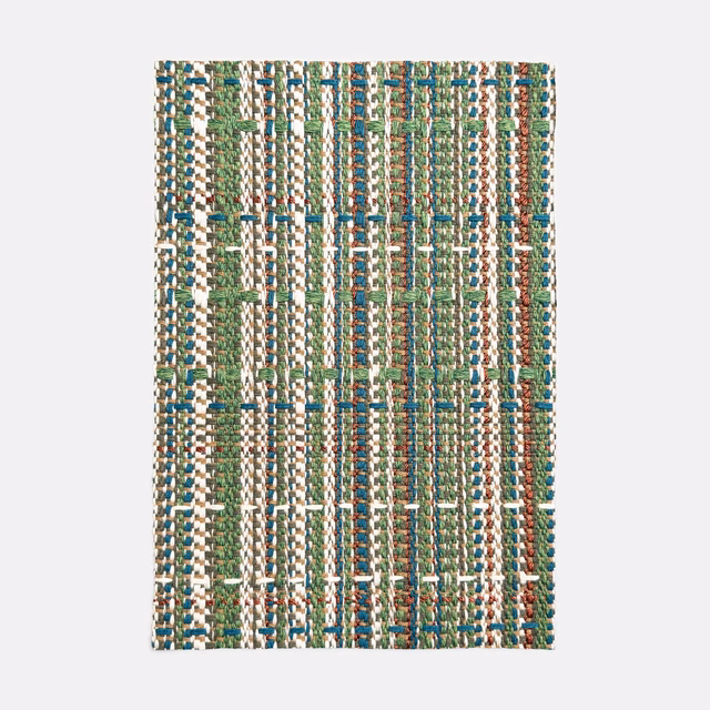 Moss green jacquard swatch with teal, cream and rust vertical woven texture