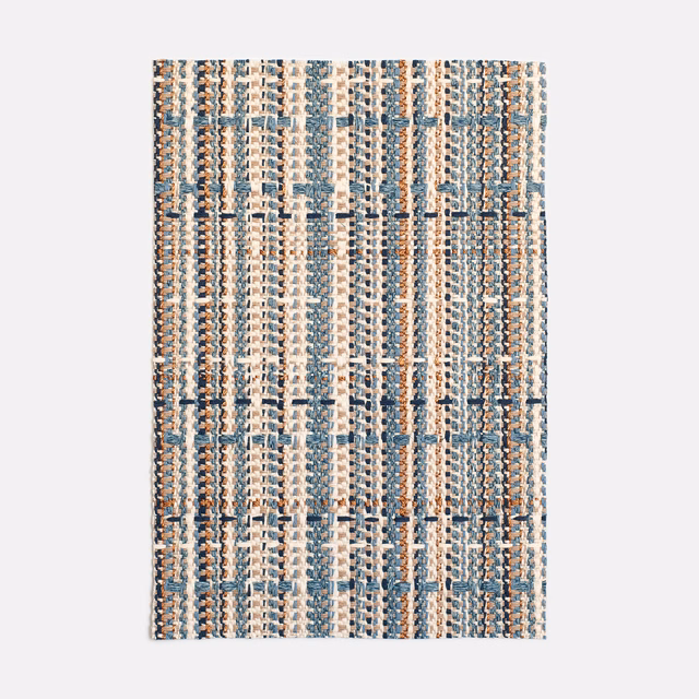 Muted ocean-blue, cream and tan jacquard with irregular vertical woven stripes