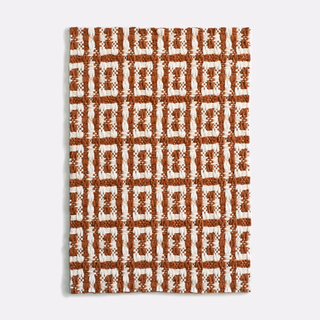 Cuoio brown and ivory jacquard with a tactile rectangular grid weave