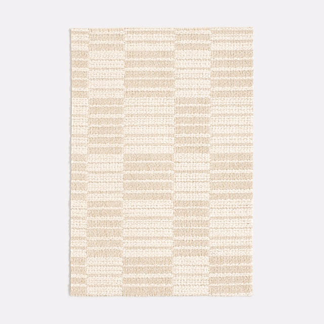Pale parchment-beige jacquard with tactile horizontal bands and geometric woven blocks