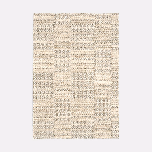 Pale stone-beige jacquard with broken horizontal bands and nubby geometric blocks