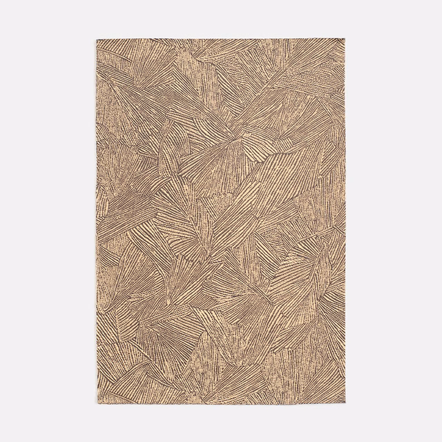 Warm taupe-beige jacquard with overlapping leaf panels and fine dark linear texture