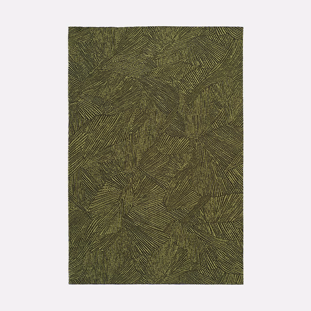 Deep olive jacquard swatch with overlapping leaves drawn in fine dark lines