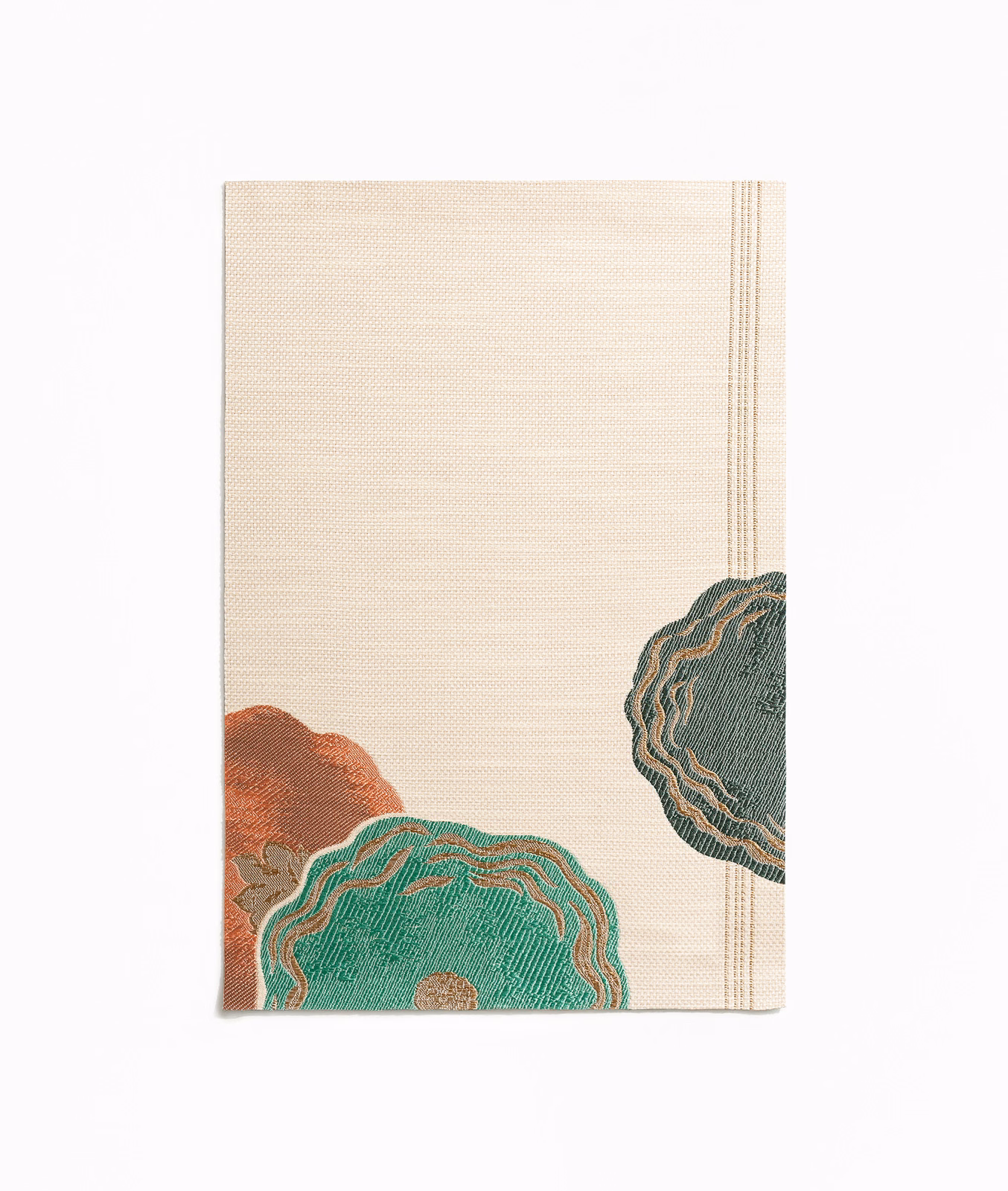 Cream jacquard with teal, rust and blue-green scalloped botanical motifs