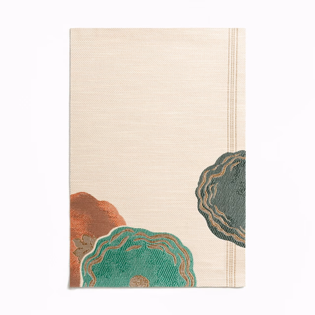 Cream jacquard with teal, rust and blue-green scalloped botanical motifs