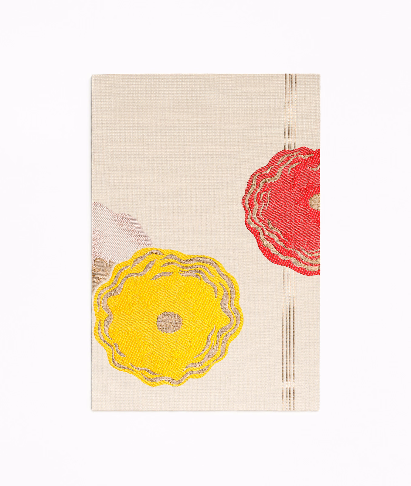 Cream jacquard with oversized yellow and red outlined flower motifs