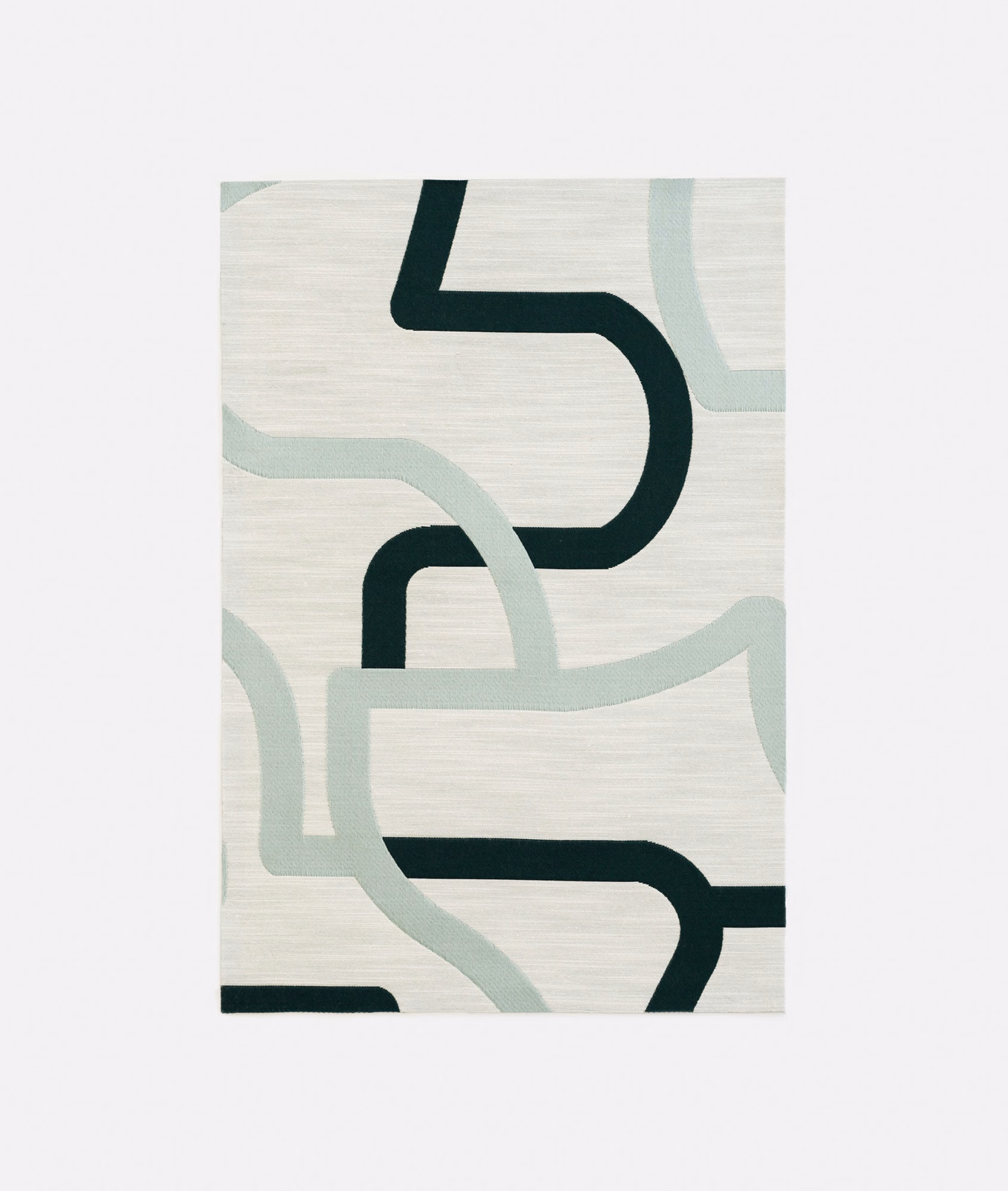 Ivory jacquard with pale sage curves and deep green geometric bands