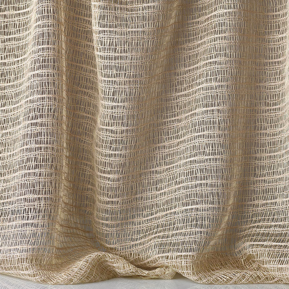 Warm ivory open-grid textile with taupe threads gathered into translucent drapery folds