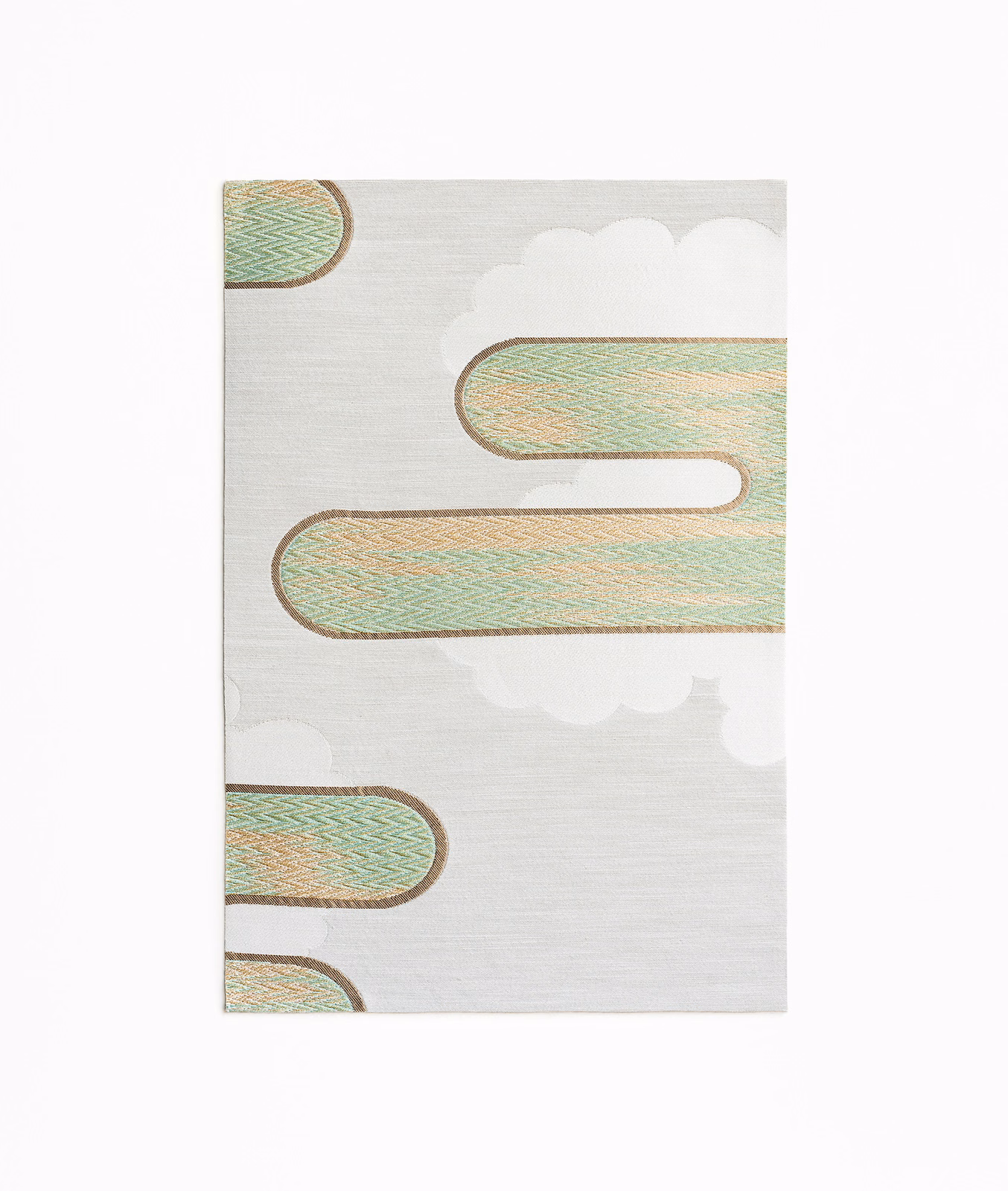 Pale grey woven ground with mint-peach rounded bands and brown outlines