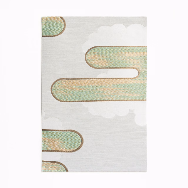 Pale grey woven ground with mint-peach rounded bands and brown outlines