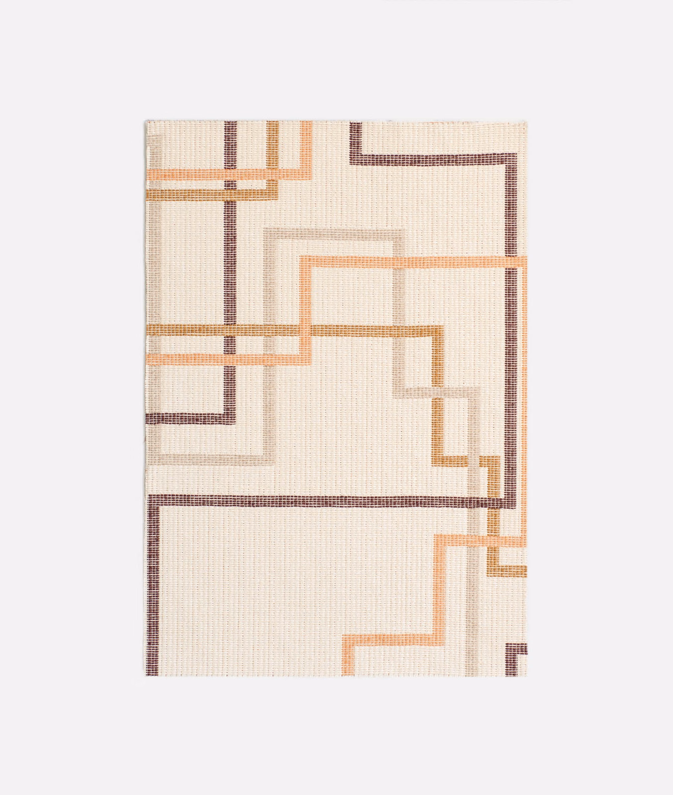 Warm cream jacquard with stepped terracotta, taupe and brown geometric lines