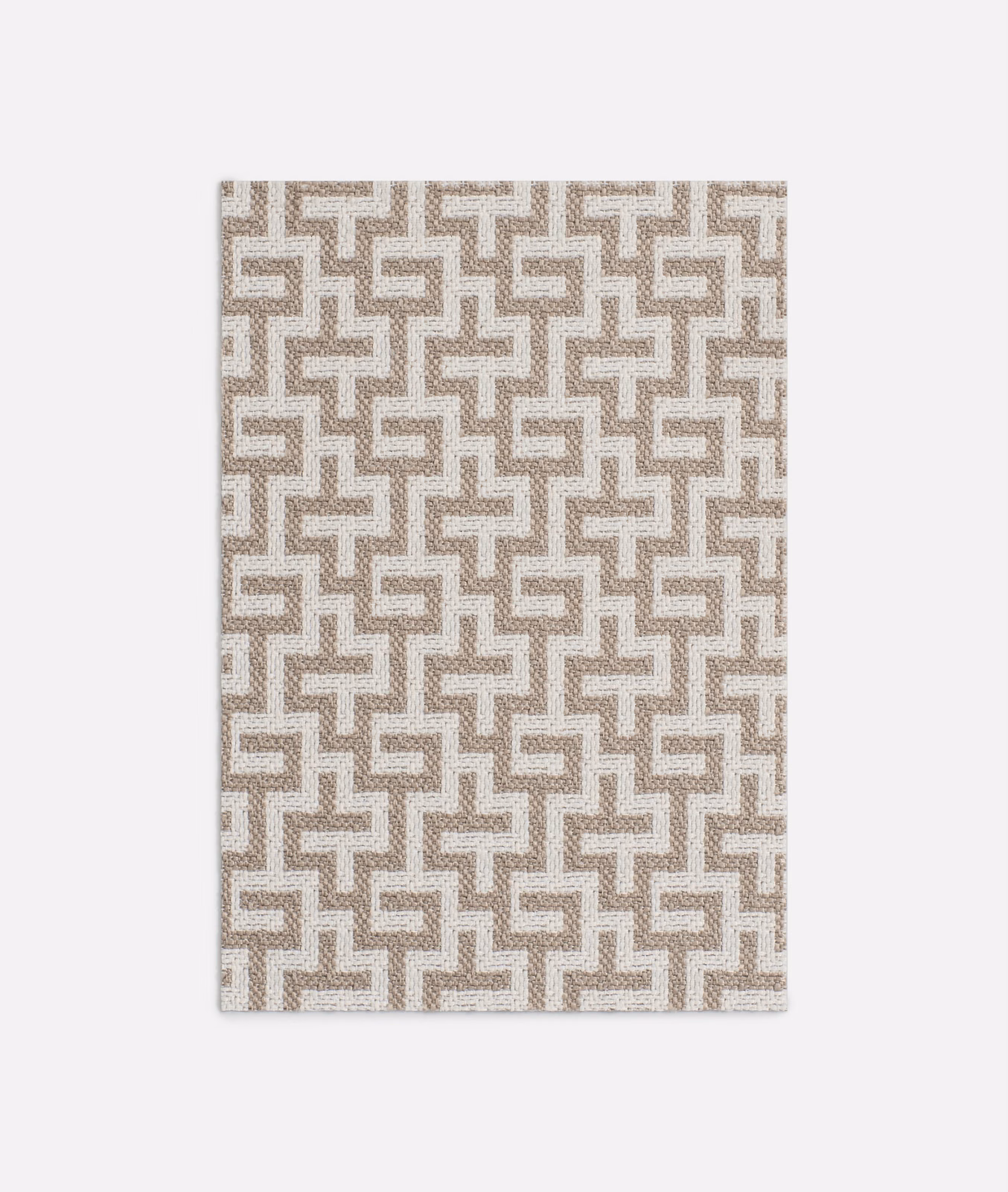Warm taupe and cream interlocking geometric jacquard with a tactile woven texture