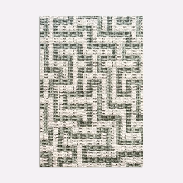 Muted aqua-grey and ivory maze motif in a textured jacquard weave