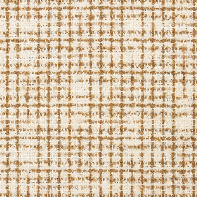 Warm camel and cream jacquard with an irregular, softly brushed checked weave