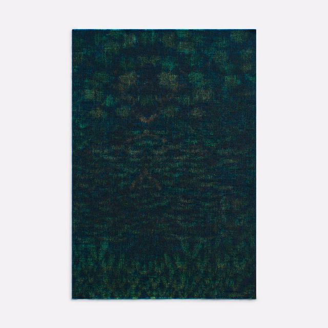 Deep forest green jacquard with teal, moss and softly mottled texture across a dark woven ground