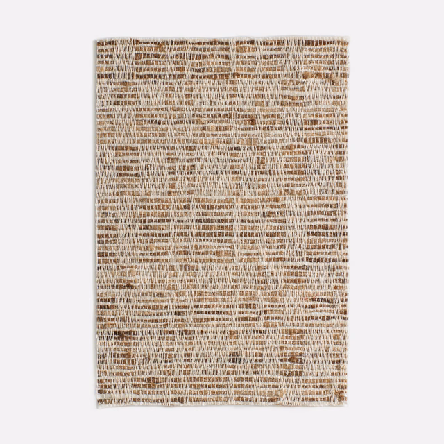 Warm beige and taupe irregular horizontal weave with flecked raw texture
