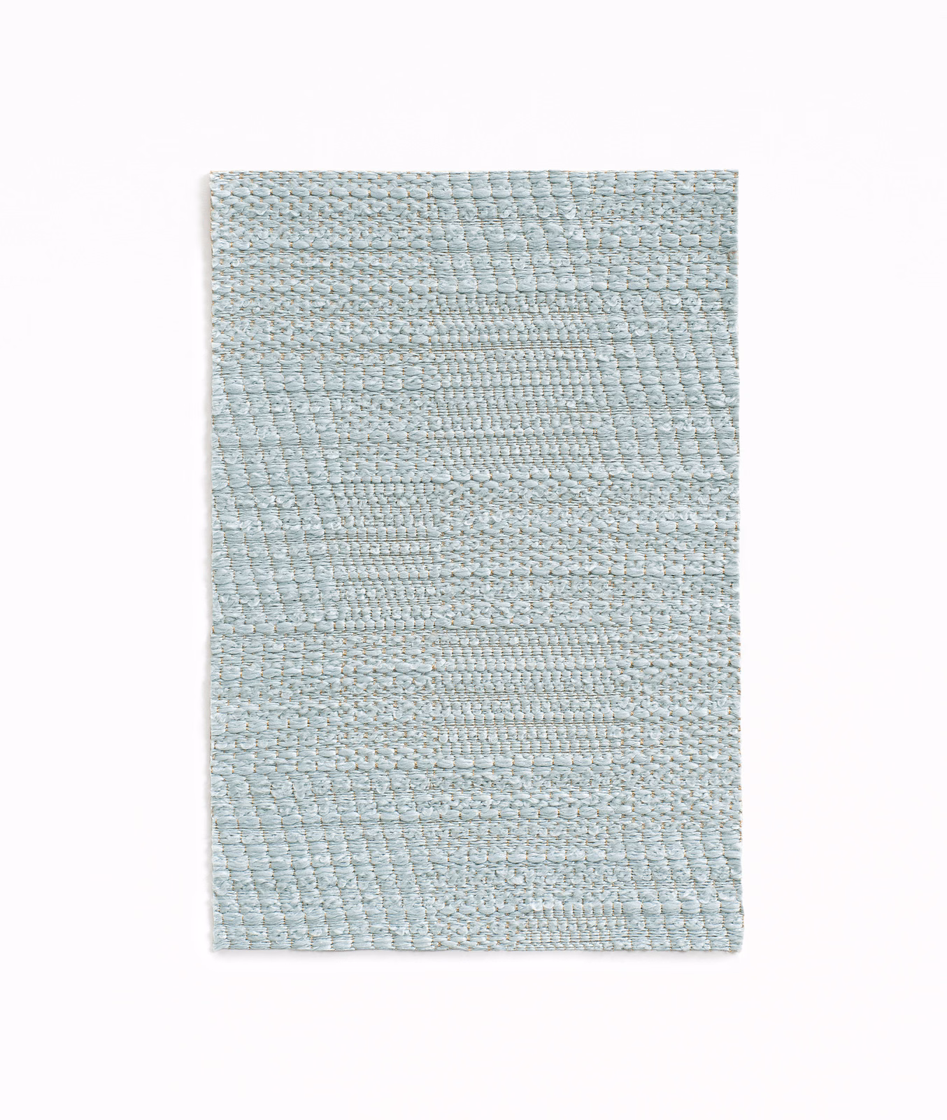 Pale azur blue-grey jacquard with chunky horizontal ridges and tonal patchwork bands