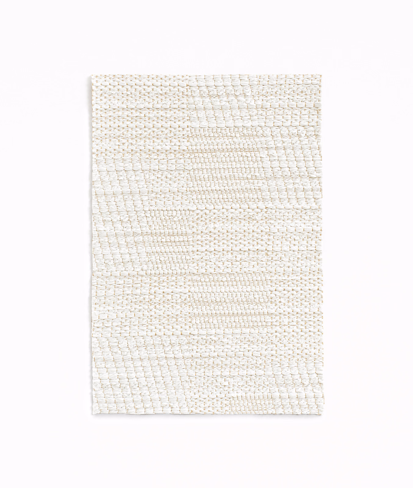 Warm ivory jacquard with irregular horizontal patchwork blocks and tactile woven surface