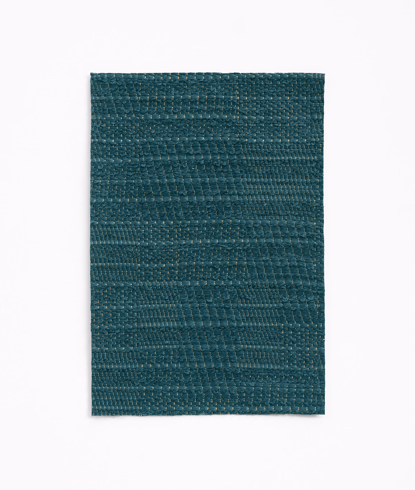 Deep blue teal jacquard swatch with irregular horizontal bands and pebbled woven texture