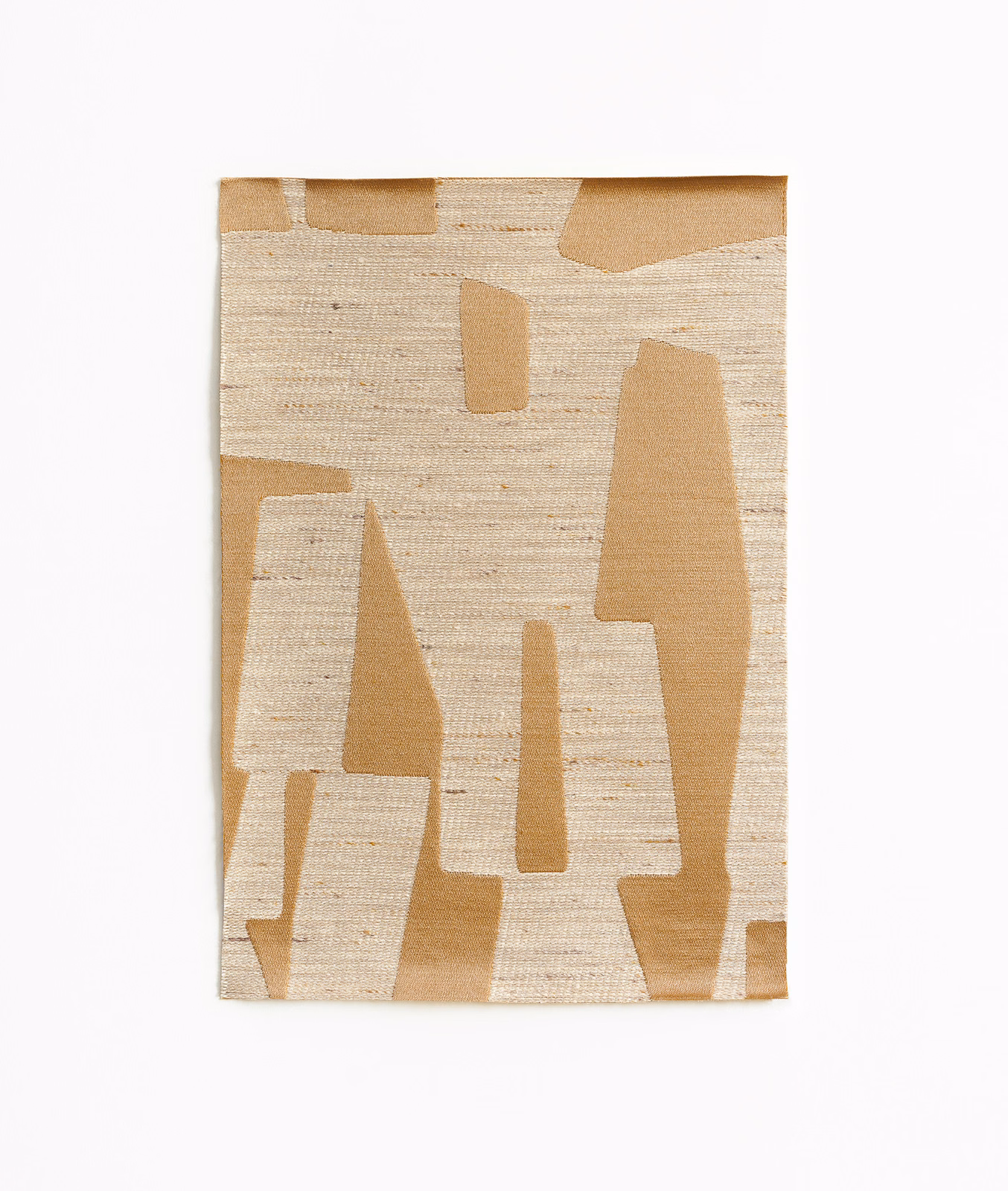 Warm oat-beige jacquard with camel geometric blocks and horizontal woven texture