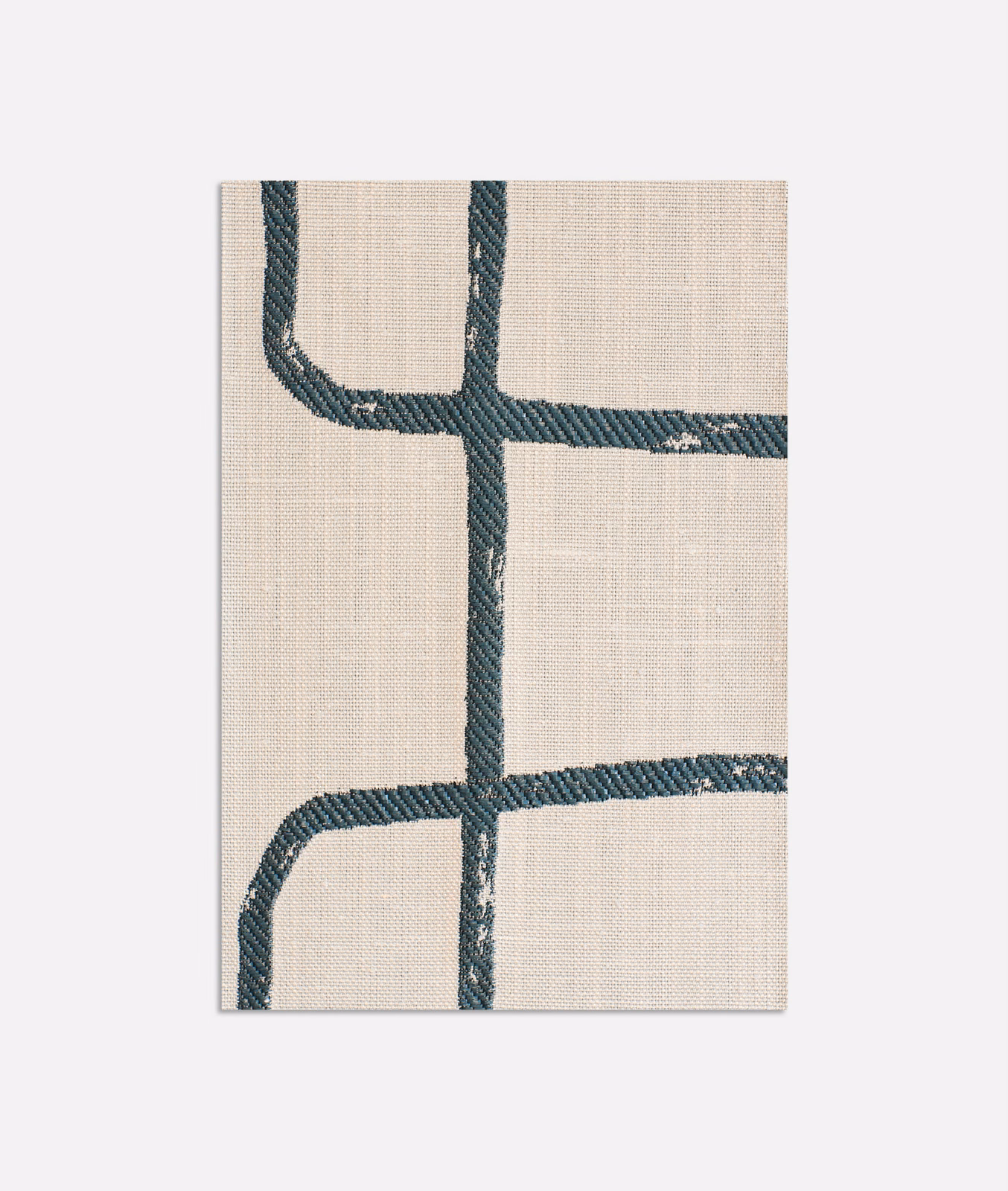 Ivory jacquard with dark blue-green irregular grid lines and textured woven surface