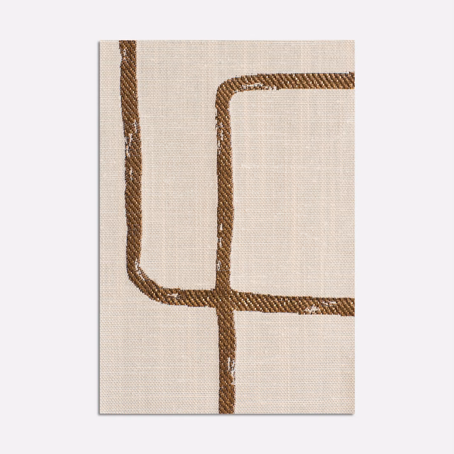 Warm ivory jacquard with tobacco-brown rounded geometric lines and fine woven texture