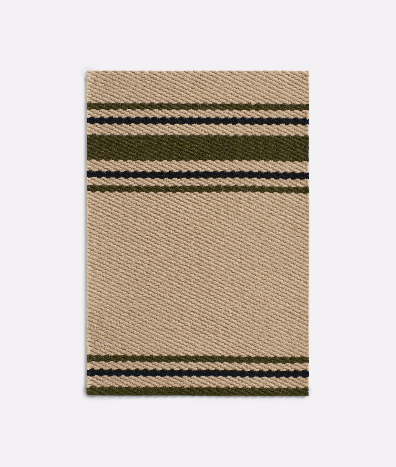 Warm camel ribbed weave with olive and charcoal horizontal stripe bands