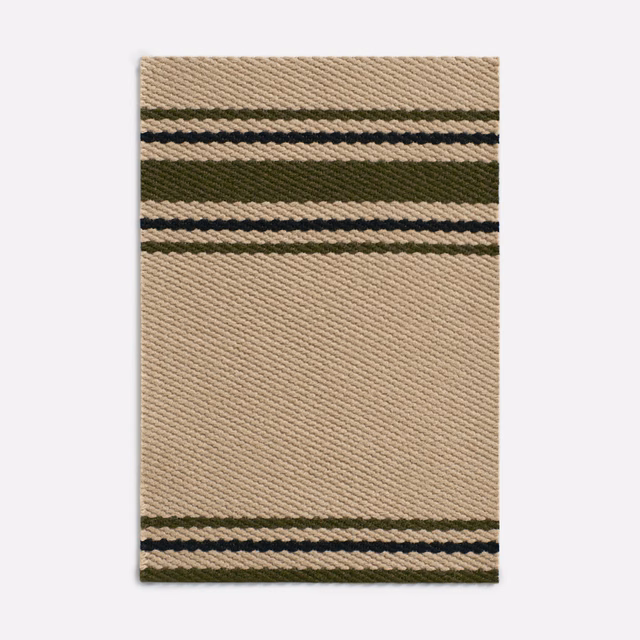 Warm camel ribbed weave with olive and charcoal horizontal stripe bands