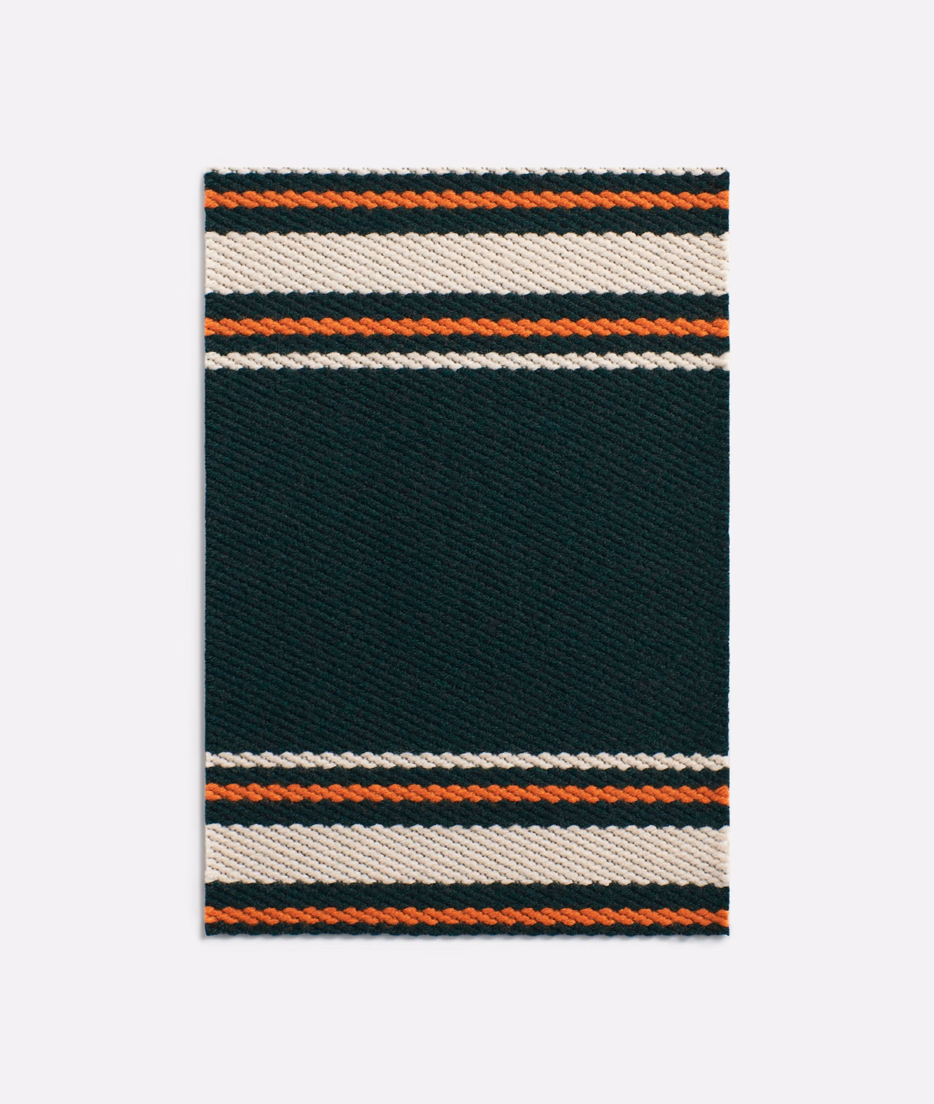 Deep petrol teal woven swatch with cream, rust and black horizontal bands