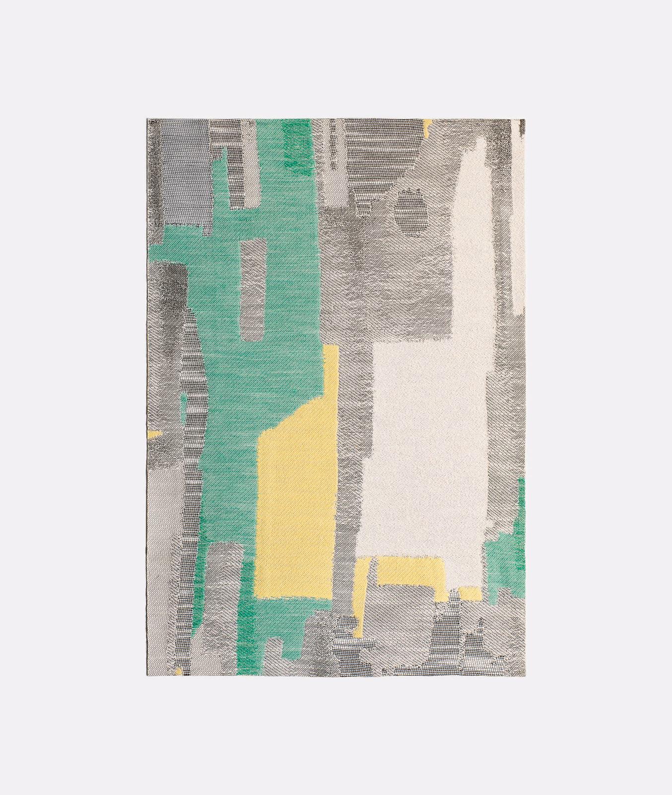 Mint green jacquard with grey, cream and yellow abstract geometric blocks