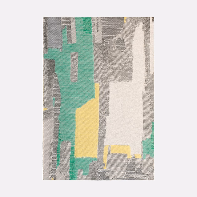 Mint green jacquard with grey, cream and yellow abstract geometric blocks