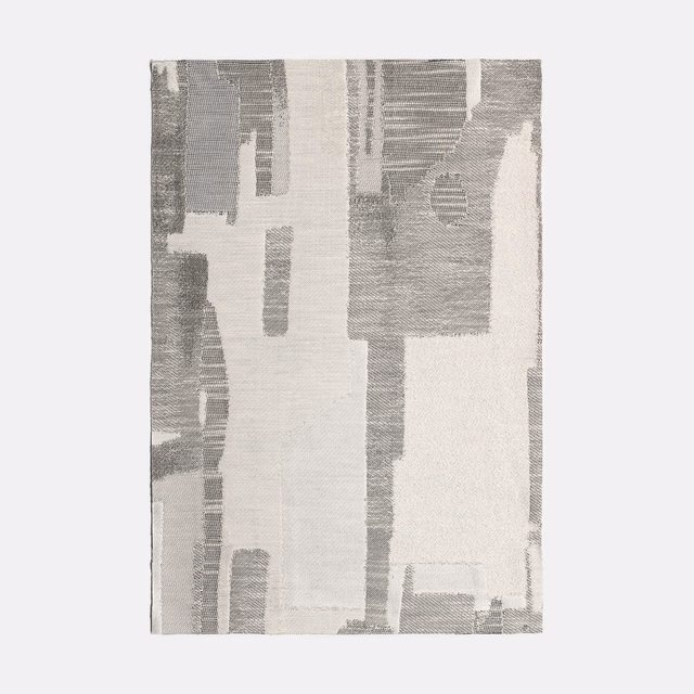 Cool grey and ivory jacquard with irregular architectural blocks and fine woven texture