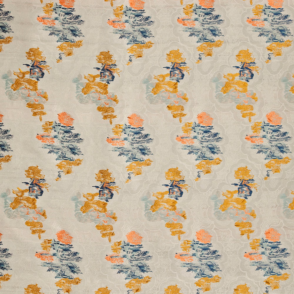 Pale celadon jacquard with coral, ochre and blue painterly floral clusters
