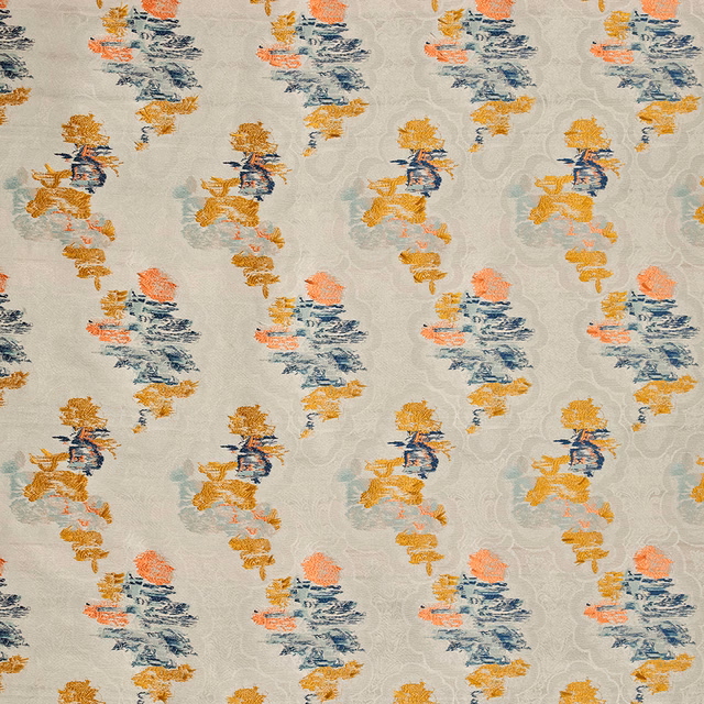 Pale celadon jacquard with coral, ochre and blue painterly floral clusters