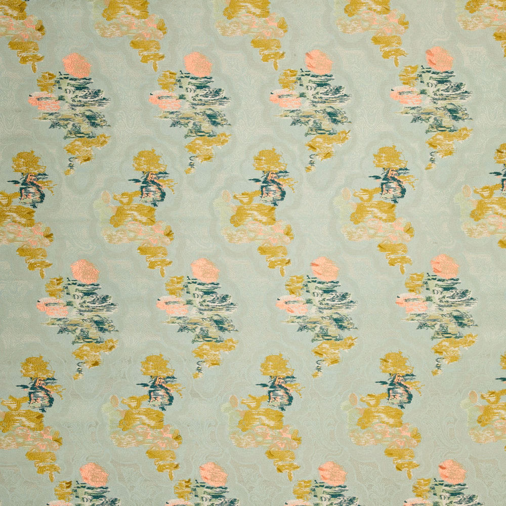 Pale mint jacquard with coral, ochre and teal painterly floral clusters