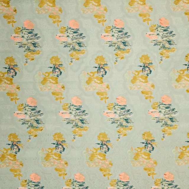 Pale mint jacquard with coral, ochre and teal painterly floral clusters